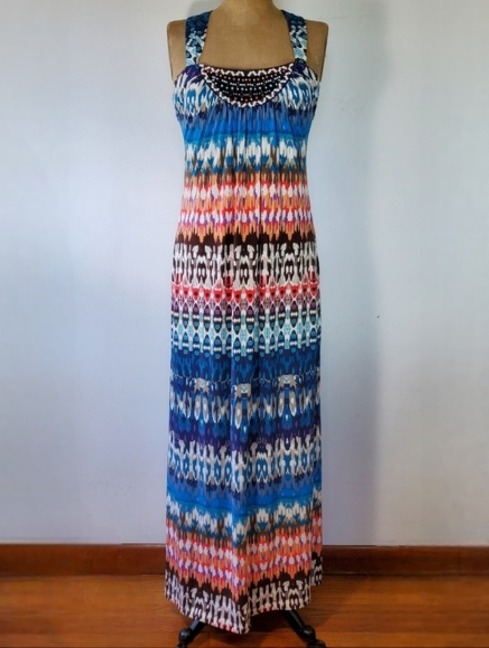 Nicole Miller Size M Dress Rainbow Maxi Built-in Bra Beaded X Straps Boho Beaded